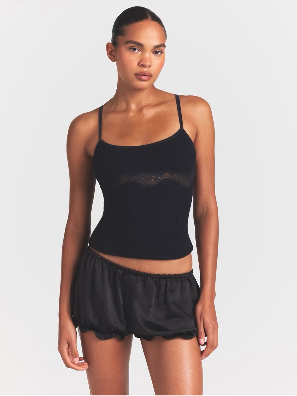 Skims Black Cotton Wool Velcro and Lace-Trim Cami Size Medium